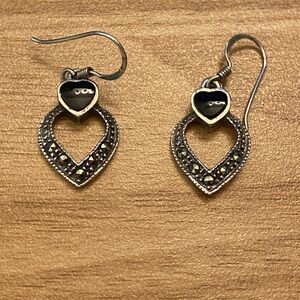 Vintage onyx heart and marcasite 925 sterling silver dangle earrings